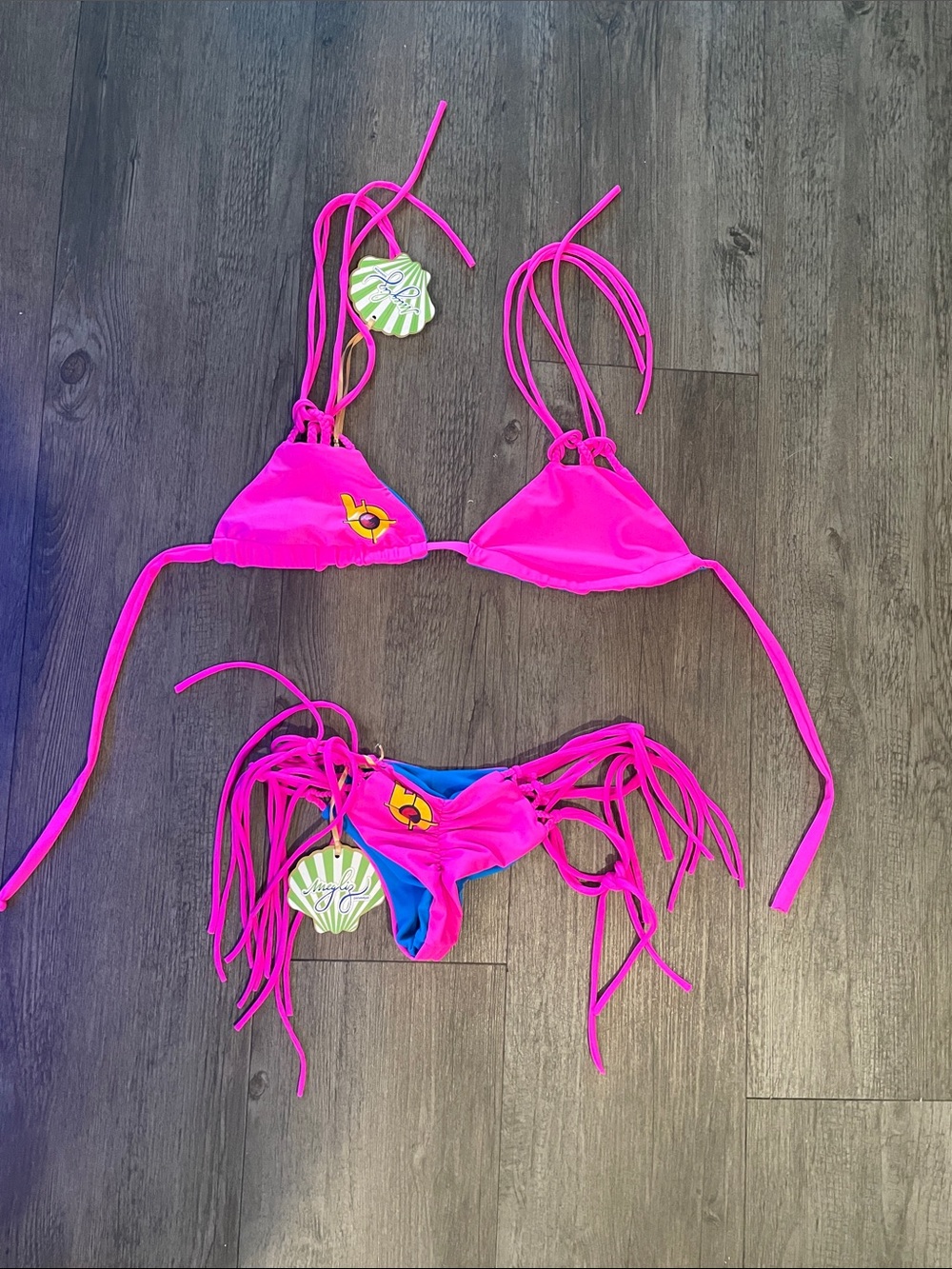Reversible MegLiz Swim Bikini BNWT Hot Pink/Blue Fringe Triangle Bikini Set